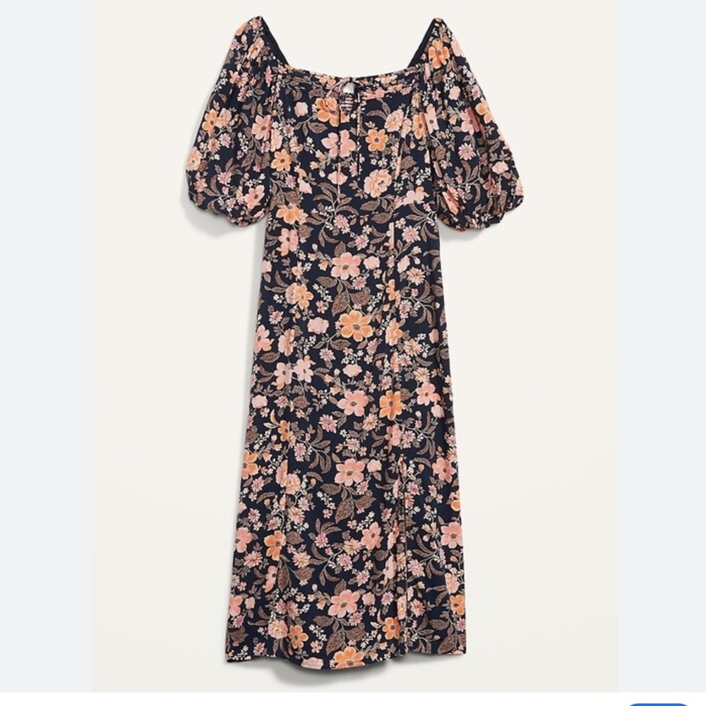 Old Navy Puff-Sleeve Floral Pintucked Smocked Midi Swing Dress Navy Women’s XL